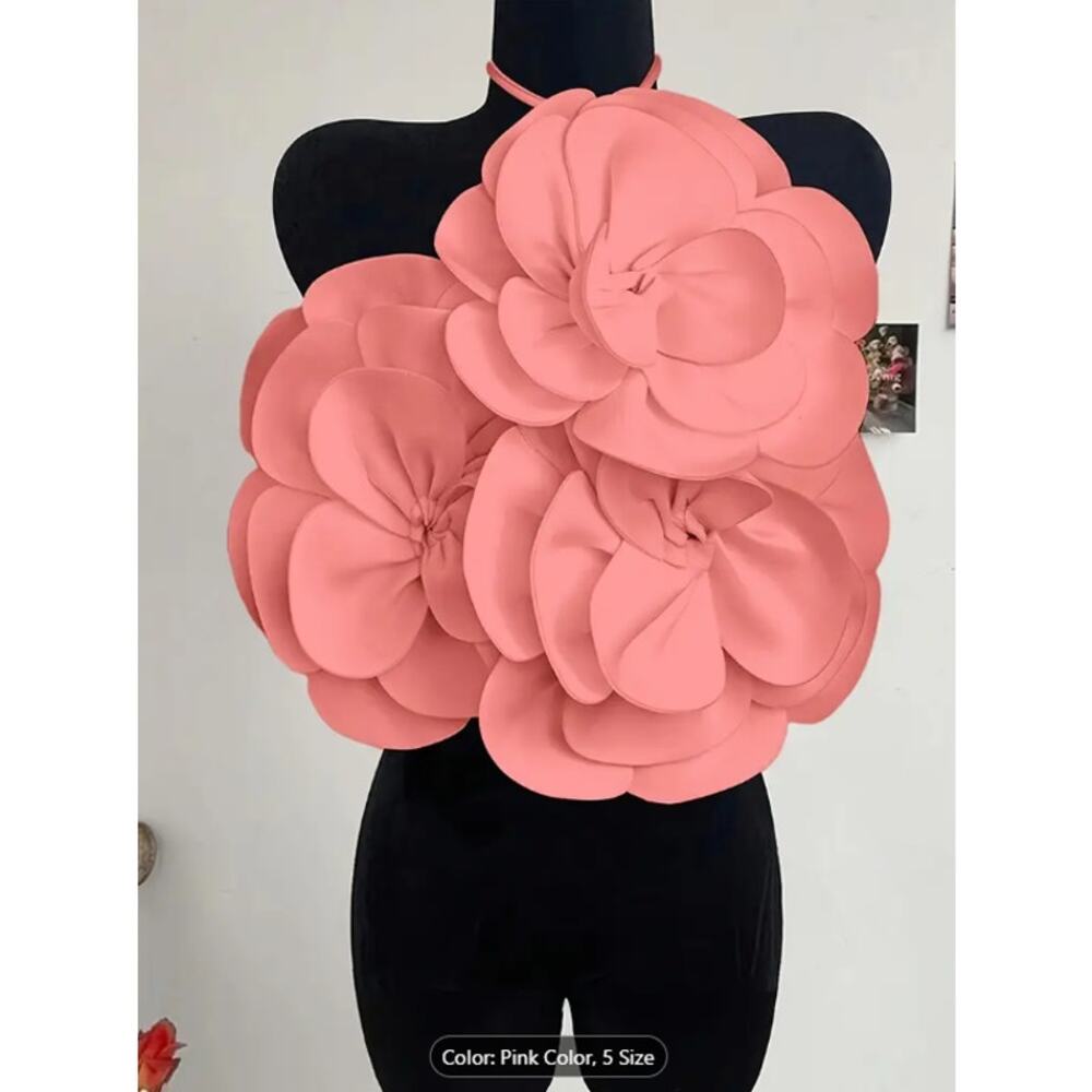 Pink Oversized 3D Flower Halter Crop Top –  Backless Party & Festival Blouse